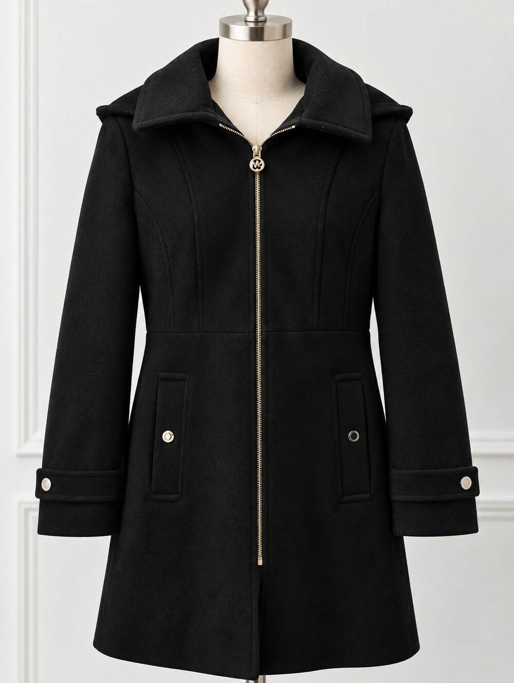 Michael Kors Collection Black Hooded Wool-Blend Coat with Gold Hardware